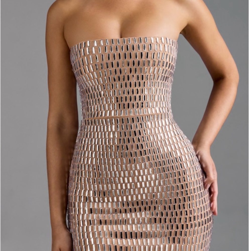 Oh Polly Strapless tan Dress with mirror embellishments